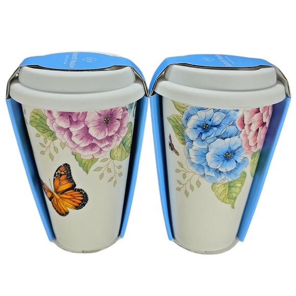 Lenox Butterfly Meadow Hydrangea Thermal Travel Mugs 2 PK 10OZ White Porcelain - Picture 1 of 5